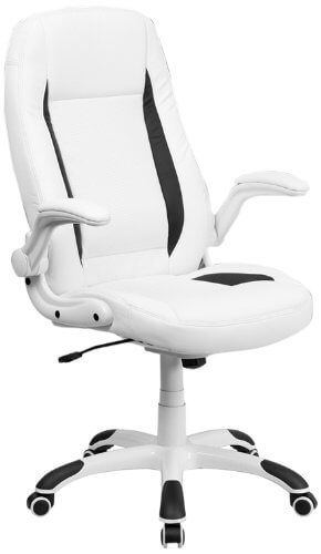 High Back White Leather Executive Swivel Office Chair with Flip Up Arms